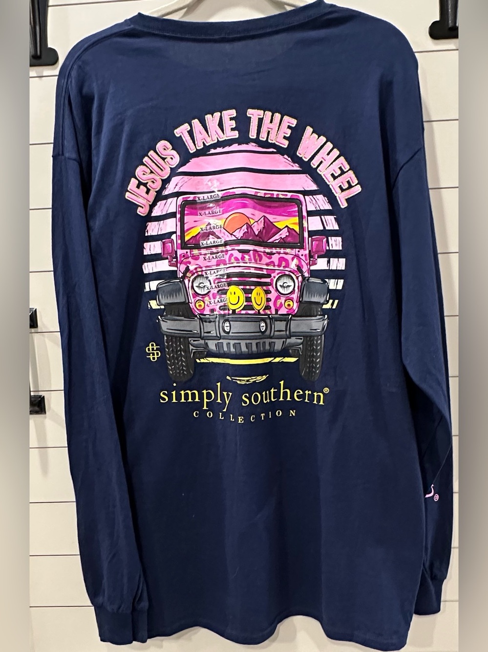 NWT Simply Southern Navy “Jesus Take the Wheel” Jeep Long-Sleeve Tee Size XL